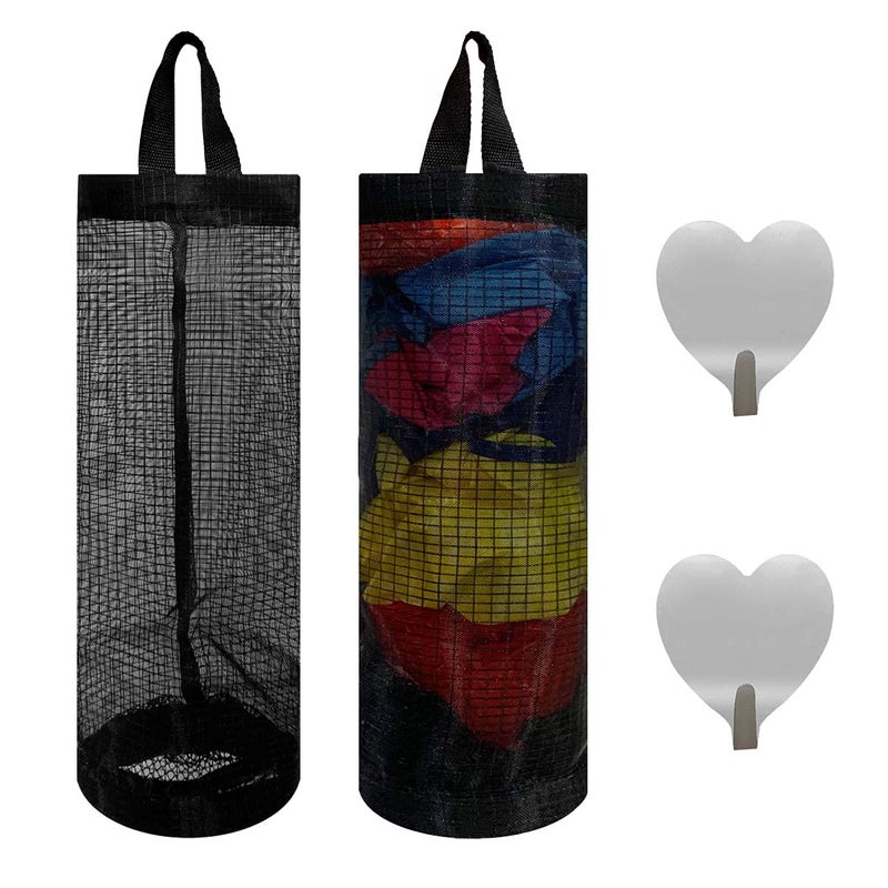 TTSAM 2 Pcs Plastic Bag Holder Trash Bags Storage Dispenser Organizer for Home Kitchen Mesh Hanging Storage Dispensers Recycling Garbage Folding Hanging Storage Bag Grocery Bags Holder with 2 Hooks (Black) - Image 1